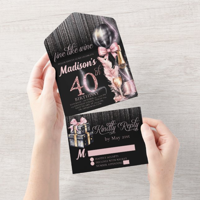 Invitación Todo En Uno Rosa de lujo Vino Adulto 40 cumpleaños (desgarro)