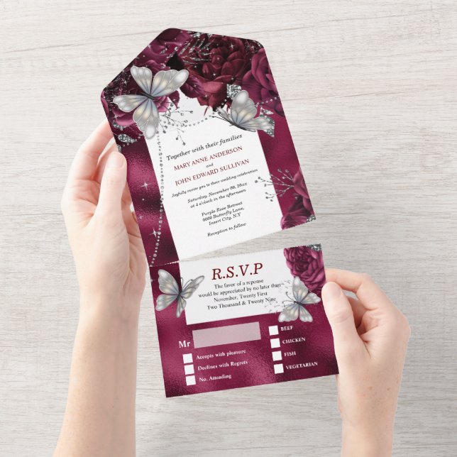Invitación Todo En Uno Rosa de marrón de mariposa de plata de Borgoña  (desgarro)
