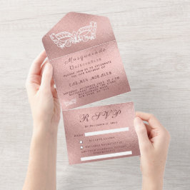 Invitación Todo En Uno Rosa de máscara de mascarada Purpurina rosa de oro
