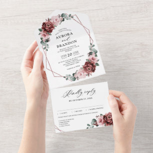 Invitación Todo En Uno Rosa de Mauve Rosa Dusty Boda Geométrico Floral