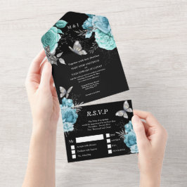 Invitación Todo En Uno Rosa de moda floral de glam negro de plata de Aqua