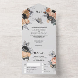 Invitación Todo En Uno Rosa de moda floral de mariposa gris oscuro