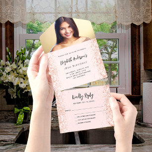 Invitación Todo En Uno Rosa de oro chispas rubéola foto cumpleaños rsvp