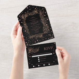 Invitación Todo En Uno Rosa de oro purpurina pino, confetti negro boda to