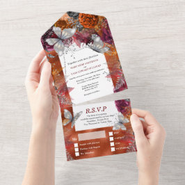 Invitación Todo En Uno Rosa de otoño de maroon shimmer mariposa de plata 