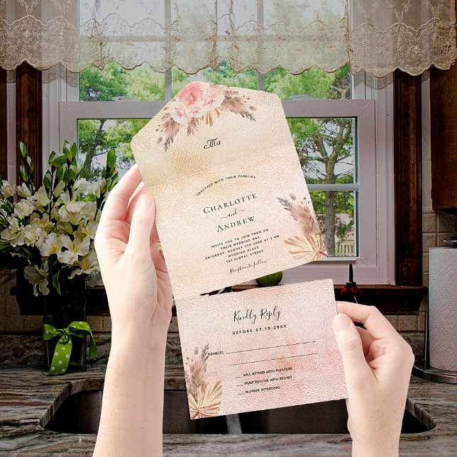 Invitación Todo En Uno Rosa de pampas flor rosada boda boho (Subido por el creador)