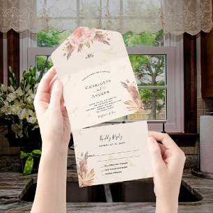 Invitación Todo En Uno Rosa de pasto pampas boda rosa de mármol floral