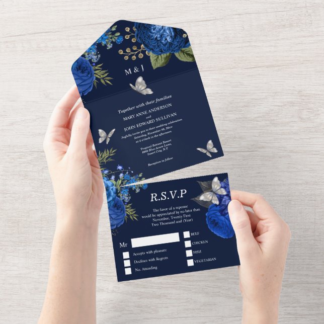 Invitación Todo En Uno Rosa de plata gris azul elegante glam mariposa   (desgarro)