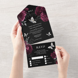 Invitación Todo En Uno Rosa de plata negra de Borgoña elegante glam marip
