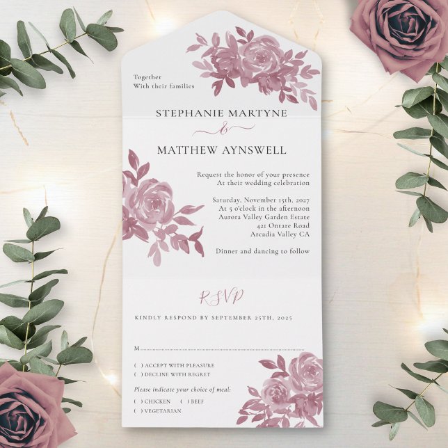 Invitación Todo En Uno Rosa  de Rosas florales Foliage Boda (Subido por el creador)
