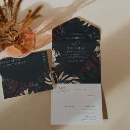 Invitación Todo En Uno Rosa de terciopelo oscuro de Borgoña | Boda de inv