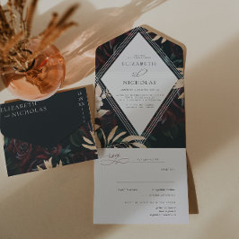 Invitación Todo En Uno Rosa de terciopelo oscuro de Borgoña | Boda de inv