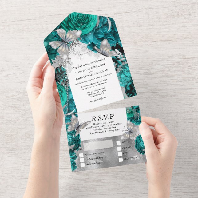 Invitación Todo En Uno rosa del purpurina de la mariposa de plata azul ve (desgarro)