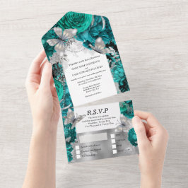 Invitación Todo En Uno rosa del purpurina de la mariposa de plata azul ve