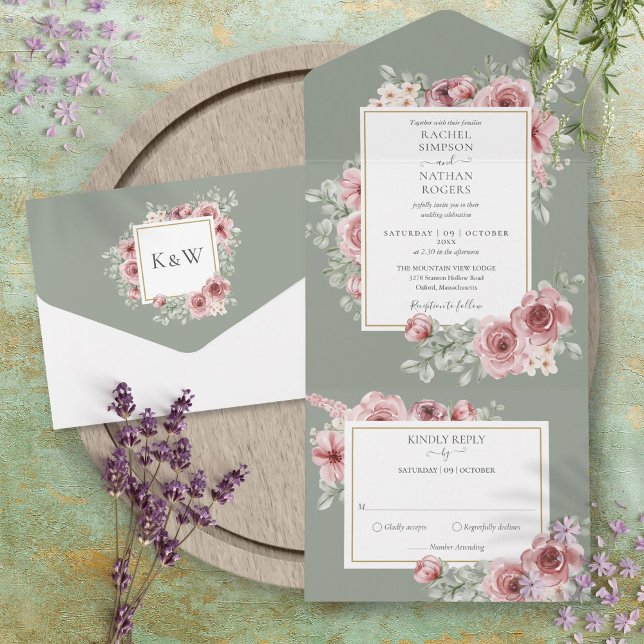 Invitación Todo En Uno Rosa Dusty Floral Sage Green Boda (Dusty Rose Floral Sage Green Wedding All In One Invitation)