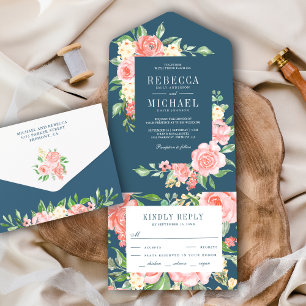 Invitación Todo En Uno Rosa Floral Rosa Jardín Polvo Azul Boda