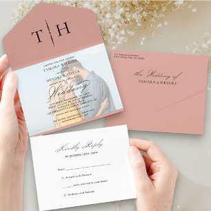 Invitación Todo En Uno Rosa fotográfico simple oro Boda RSVP