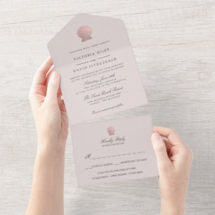 Invitación Todo En Uno Rosa Gold Seashell Elegant Ocean Beach PINK