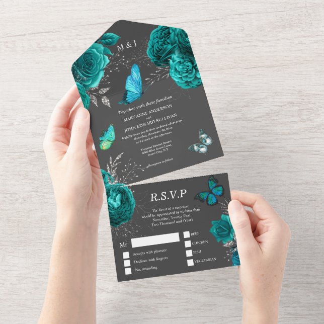 Invitación Todo En Uno  Rosa gris Aqua elegante mariposa presupuesto (desgarro)