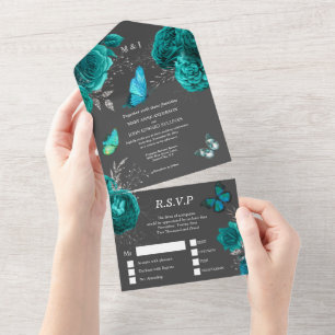 Invitación Todo En Uno Rosa gris Aqua elegante mariposa presupuesto