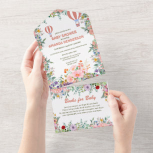 Invitación Todo En Uno Rosa lindo Globo acuarela flora bebé ducha
