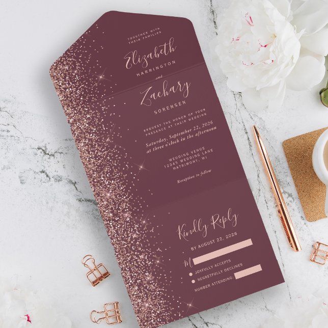 Invitación Todo En Uno Rosa moderno de Borgoña Boda Purpurina de oro (Subido por el creador)