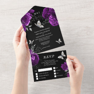 Invitación Todo En Uno Rosa morado de plata negra elegante glam mariposa 