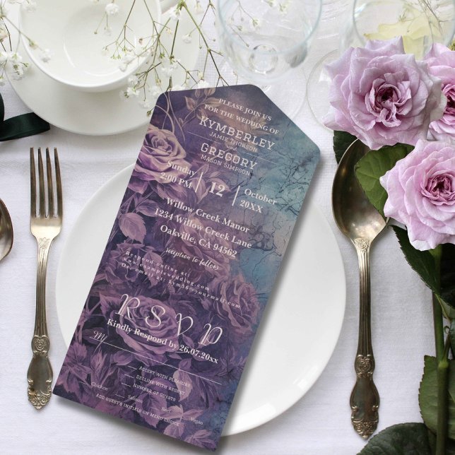 Invitación Todo En Uno Rosa morado floral de lavanda gótica oscura (Subido por el creador)