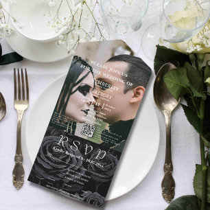 Invitación Todo En Uno Rosa negro gótico oscuro Floral Código QR Foto