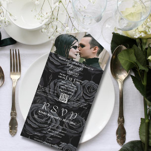 Invitación Todo En Uno Rosa negro gótico oscuro Floral Código QR Foto