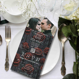 Invitación Todo En Uno Rosa negro gótico oscuro Floral QR Código foto