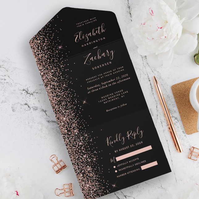 Invitación Todo En Uno Rosa negro moderno Purpurina de oro Boda (Subido por el creador)
