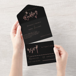 Invitación Todo En Uno Rosa negro Purpurina oro Boda Art Deco