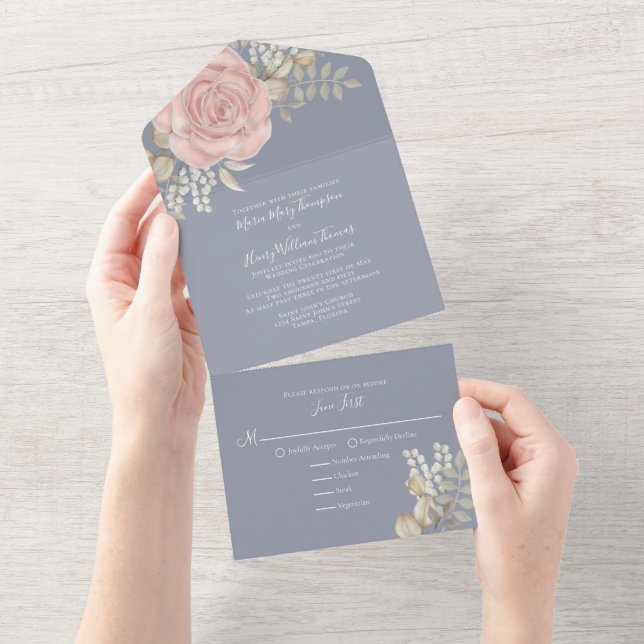 Invitación Todo En Uno Rosa Oro Elegante Acuarela Floral Rosa Foliage (desgarro)