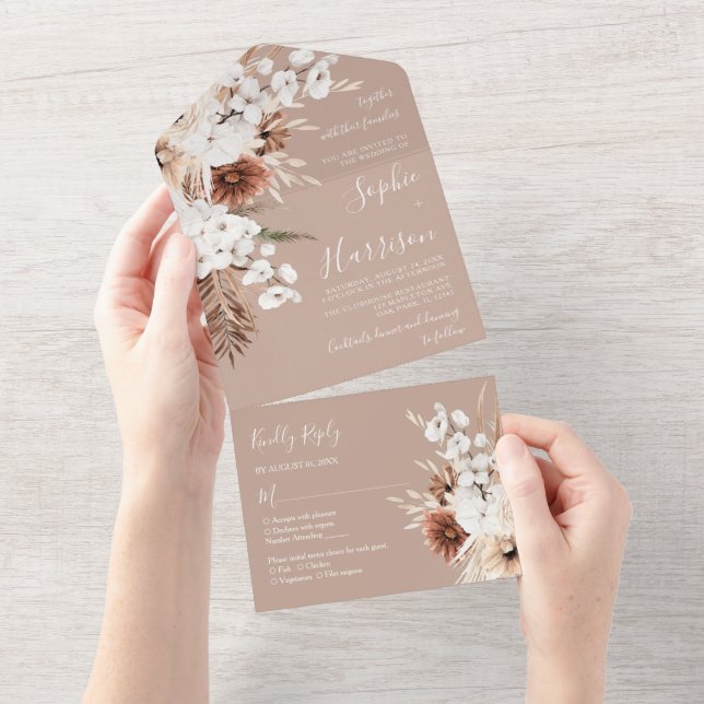 Invitación Todo En Uno Rosa Polvo Orquídea Orquídea Mauve Beige Boho Boda (desgarro)