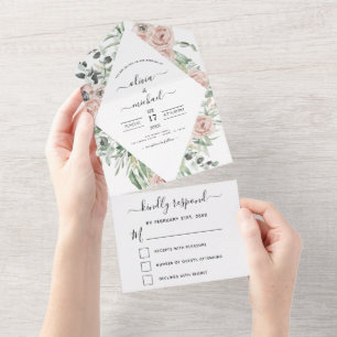 Invitación Todo En Uno Rosa Polvoriento - Boda floral verde sabio
