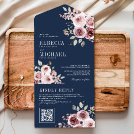 Invitación Todo En Uno Rosa Polvoriento Floral Azul Marino Código QR Boda