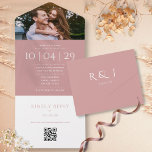 Invitación Todo En Uno Rosa polvoriento Monograma Código QR Boda fotográf<br><div class="desc">Una elegante y polvorienta rosa minimalista invitación a la boda todo en uno que incluye tu foto, fecha especial y detalles de boda establecidos en la tipografía clásica de moda. La invitación incluye una tarjeta RSVP perforada con el código QR de su sitio web boda y detalles. Diseñado por Thisisnotme©...</div>