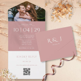 Invitación Todo En Uno Rosa polvoriento Monograma Código QR Boda fotográf