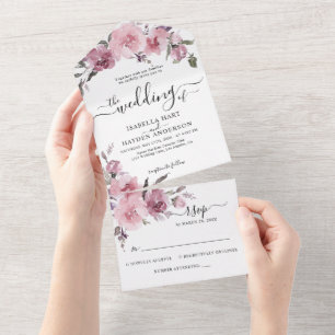 Invitación Todo En Uno Rosa polvoriento Rubor Flores de flores rosadas Bo
