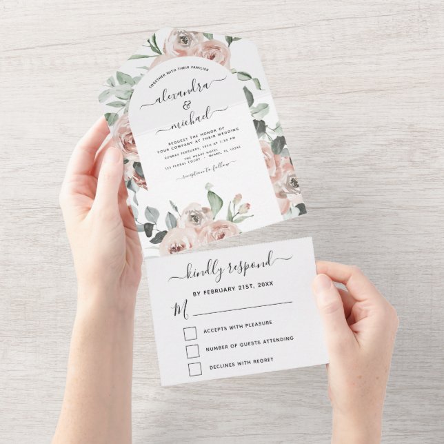Invitación Todo En Uno Rosa Polvoriento - Sage Green Floral Wedding RSVP (desgarro)