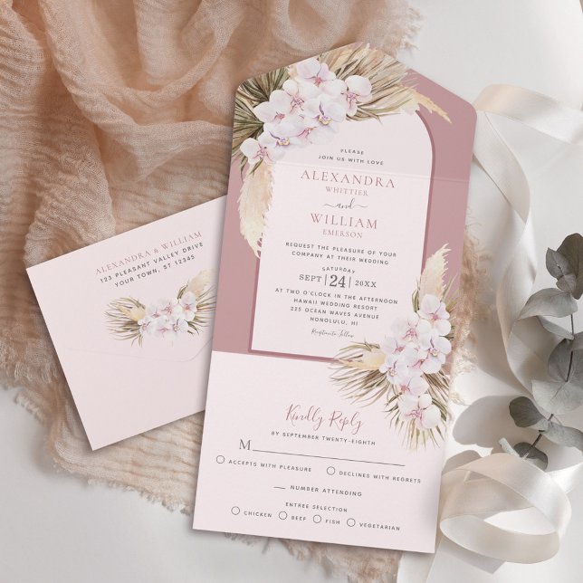 Invitación Todo En Uno Rosa polvoriento Tropical Pampas Boda de orquídeas (Subido por el creador)
