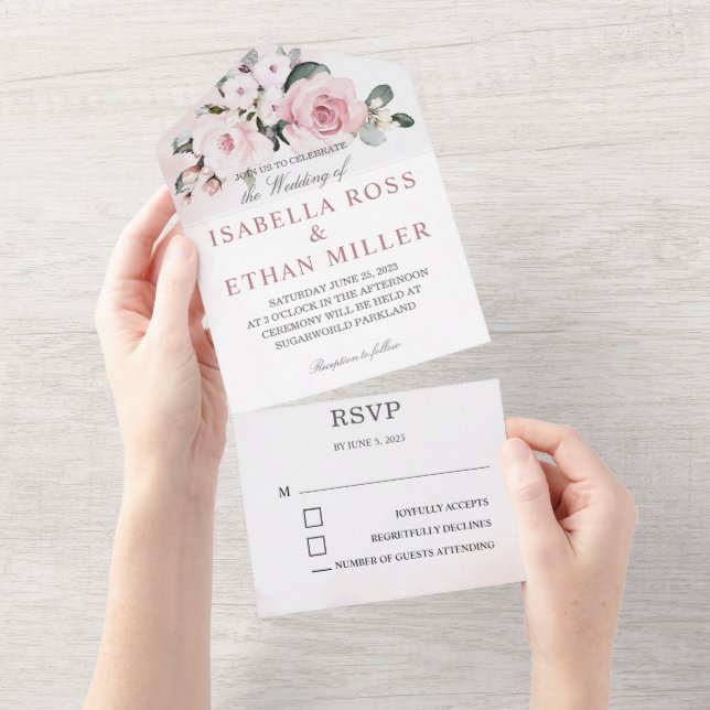 Invitación Todo En Uno Rosa polvoriento y Boda gris (desgarro)