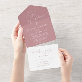 Invitación Todo En Uno Rosa polvoriento y Boda Minimalista blanco