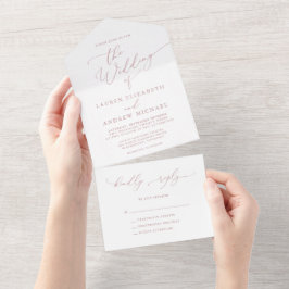 Invitación Todo En Uno Rosa polvoriento y Boda Minimalista blanco todo en