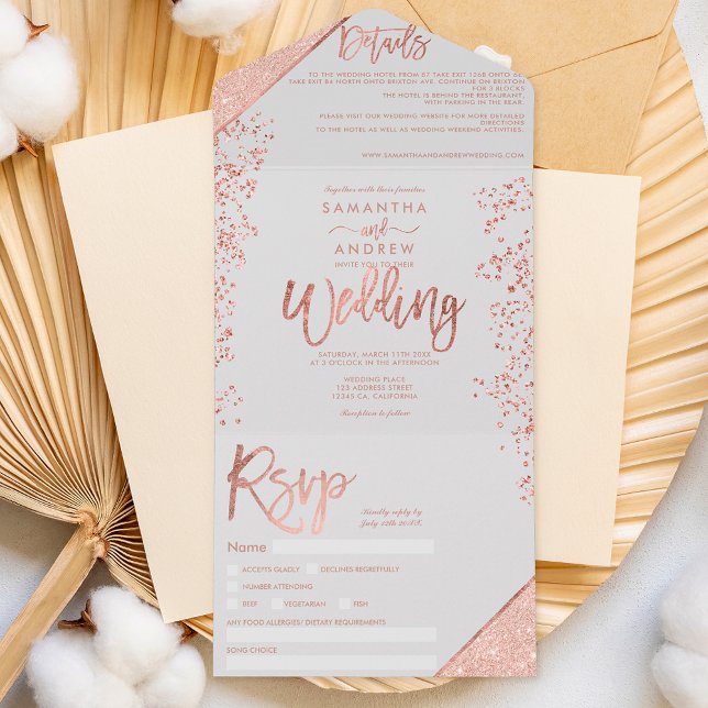 Invitación Todo En Uno Rosa purpurina de oro confetti boda de moda gris (Subido por el creador)