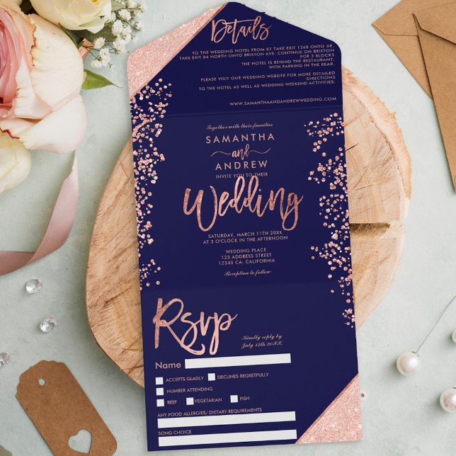Invitación Todo En Uno Rosa purpurina de oro confetti boda de moda marina (Subido por el creador)