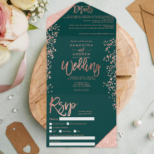 Invitación Todo En Uno Rosa purpurina de oro confetti boda verde esmerald