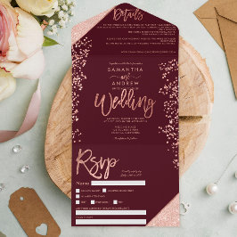 Invitación Todo En Uno Rosa purpurina de oro confetti burgundy boda