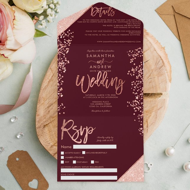 Invitación Todo En Uno Rosa purpurina de oro confetti burgundy boda (Subido por el creador)